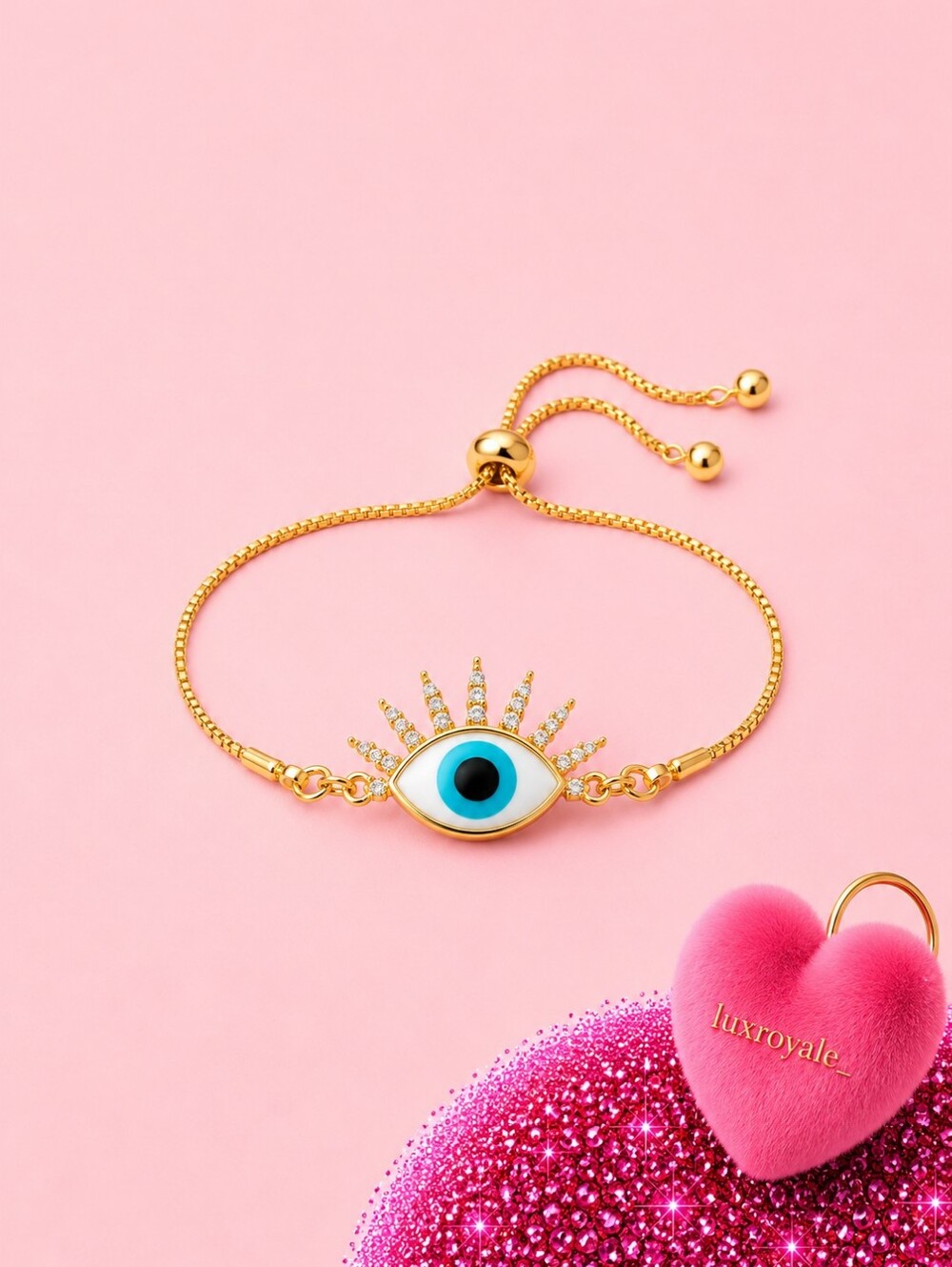Gold Petite Tie Bracelet Eye Detail | Rhinestone Eyeball Blue Eyes | Evil Eye